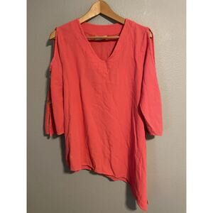 Cottonways Tunic Womens Large Coral Gauzy Cotton Cold Shoulder Lagenlook Boho
